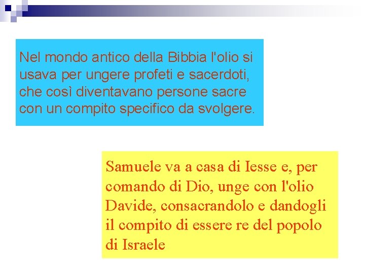 Nel mondo antico della Bibbia l'olio si usava per ungere profeti e sacerdoti, che