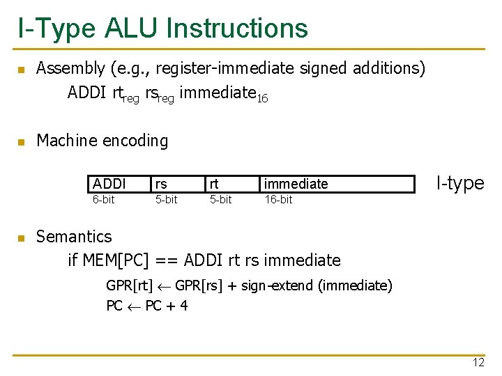 I-Type ALU Instructions n n n Assembly (e. g. , register-immediate signed additions) ADDI