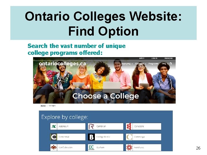 Ontario Colleges Website: Find Option Search the vast number of unique college programs offered:
