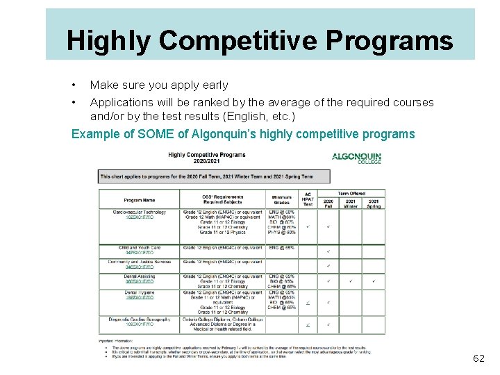 Highly Competitive Programs • • Make sure you apply early Applications will be ranked