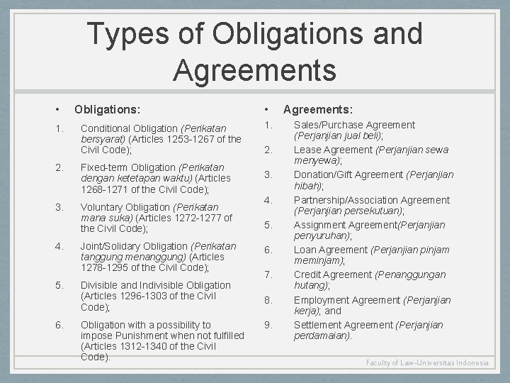 Types of Obligations and Agreements • 1. Obligations: Conditional Obligation (Perikatan bersyarat) (Articles 1253