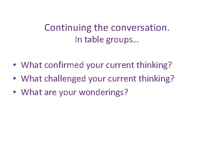 Continuing the conversation. In table groups… • What confirmed your current thinking? • What