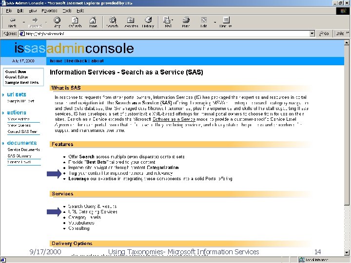 9/17/2000 Using Taxonomies- Microsoft Information Services 14 