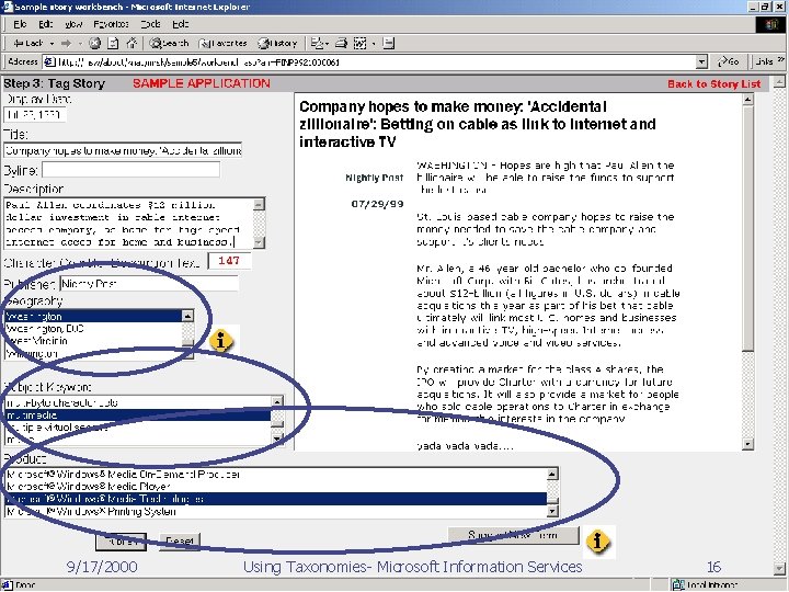 9/17/2000 Using Taxonomies- Microsoft Information Services 16 