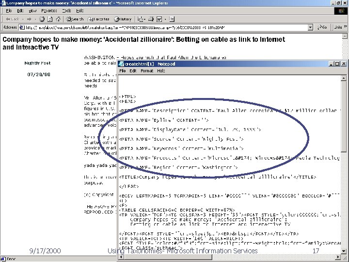 9/17/2000 Using Taxonomies- Microsoft Information Services 17 