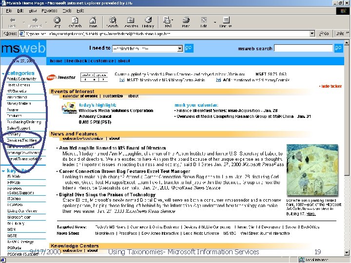 MSWeb Categories 9/17/2000 Using Taxonomies- Microsoft Information Services 19 