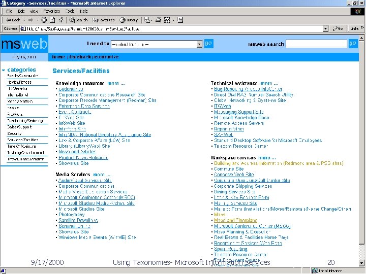 Category subpage 9/17/2000 Using Taxonomies- Microsoft Information Services 20 