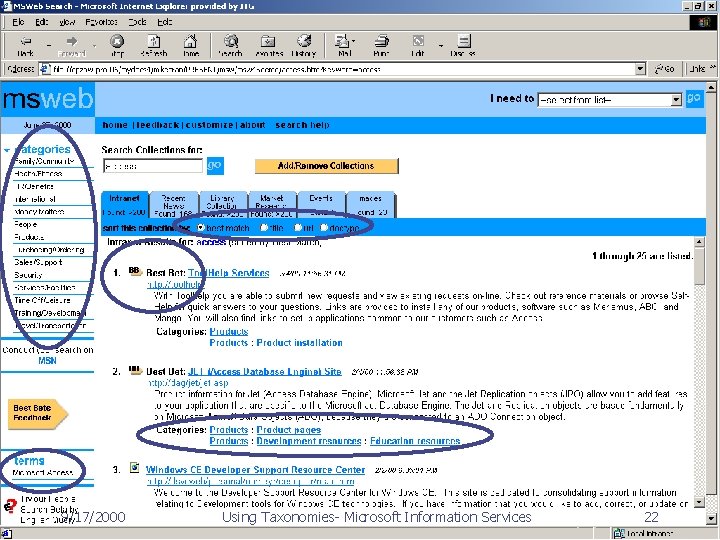 MSWeb Search 9/17/2000 Using Taxonomies- Microsoft Information Services 22 