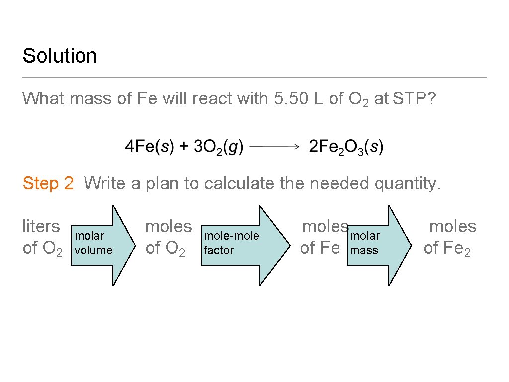 Solution What mass of Fe will react with 5. 50 L of O 2
