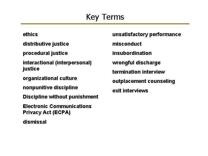 Key Terms ethics unsatisfactory performance distributive justice misconduct procedural justice insubordination interactional (interpersonal) justice