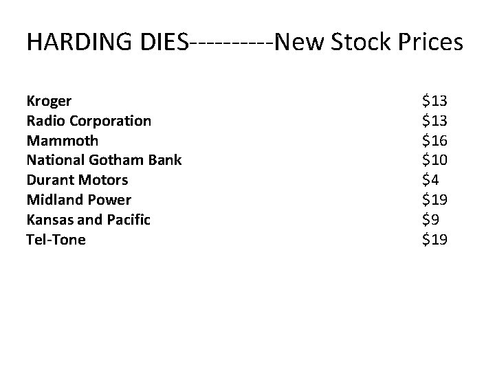 HARDING DIES-----New Stock Prices Kroger Radio Corporation Mammoth National Gotham Bank Durant Motors Midland
