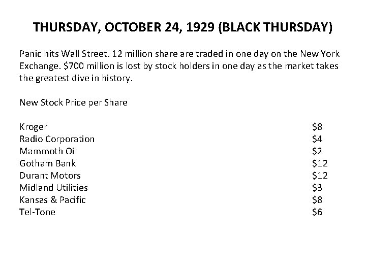 THURSDAY, OCTOBER 24, 1929 (BLACK THURSDAY) Panic hits Wall Street. 12 million share traded