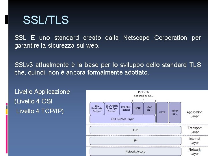 SSL/TLS SSL È uno standard creato dalla Netscape Corporation per garantire la sicurezza sul