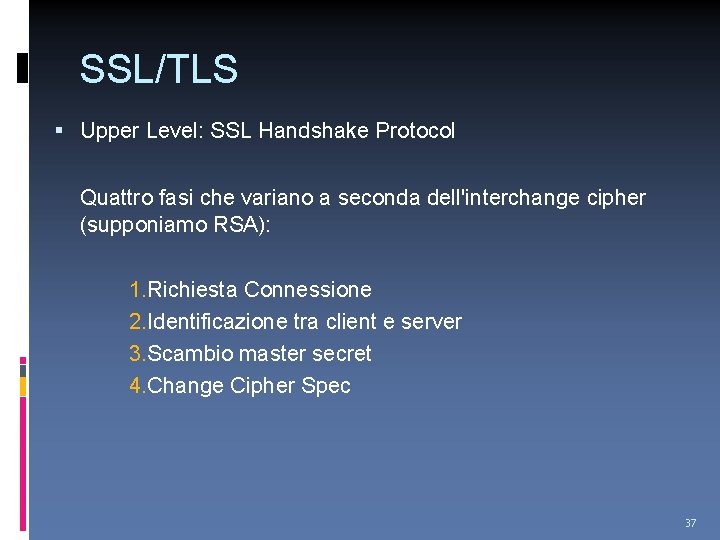 SSL/TLS Upper Level: SSL Handshake Protocol Quattro fasi che variano a seconda dell'interchange cipher