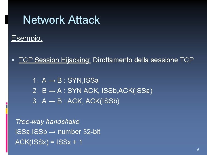 Network Attack Esempio: TCP Session Hijacking: Dirottamento della sessione TCP 1. A → B