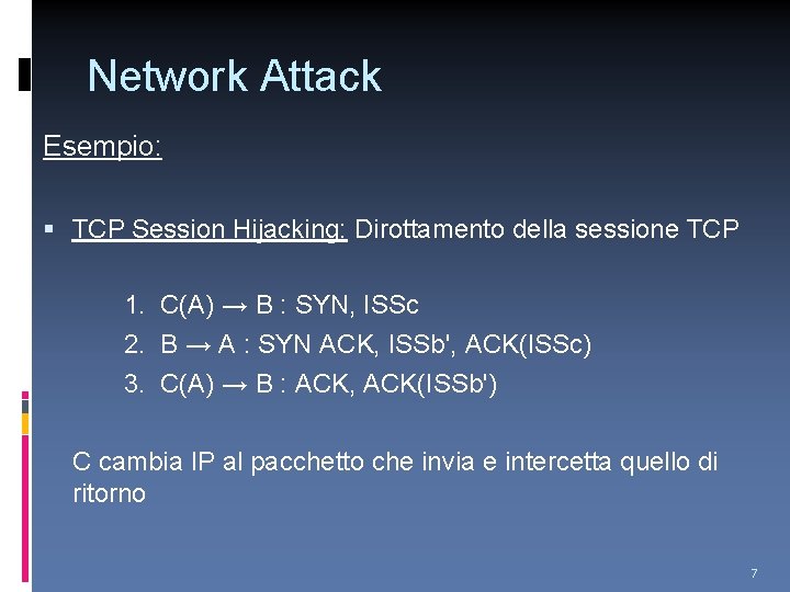 Network Attack Esempio: TCP Session Hijacking: Dirottamento della sessione TCP 1. C(A) → B