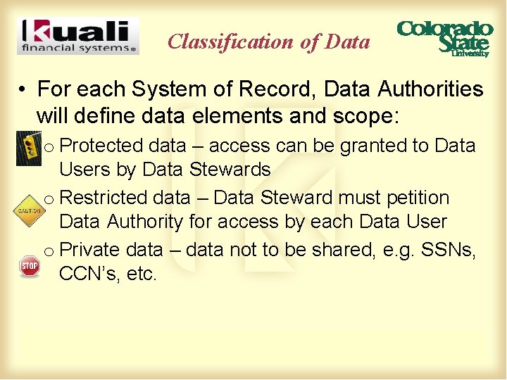 Classification of Data • For each System of Record, Data Authorities will define data