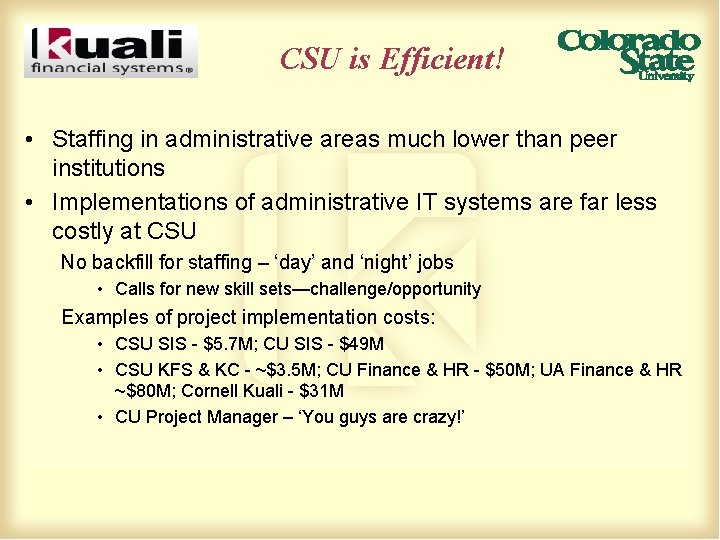 CSU is Efficient! • Staffing in administrative areas much lower than peer institutions •