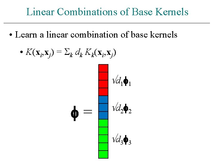 Linear Combinations of Base Kernels • Learn a linear combination of base kernels •