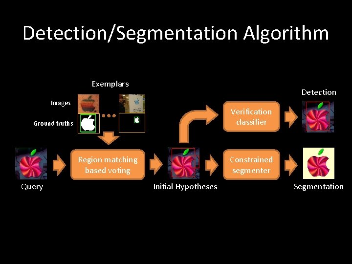 Detection/Segmentation Algorithm Exemplars Detection Images Verification classifier Ground truths Region matching based voting Query