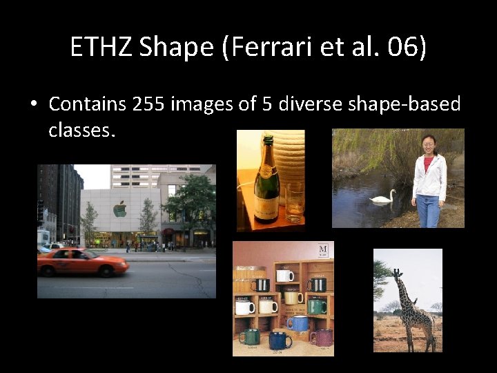 ETHZ Shape (Ferrari et al. 06) • Contains 255 images of 5 diverse shape‐based