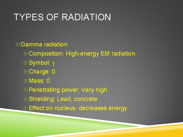 TYPES OF RADIATION Gamma radiation Composition: High-energy EM radiation Symbol: Charge: 0 Mass: 0