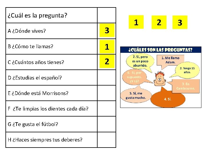 ¿Cuál es la pregunta? A ¿Dónde vives? 3 B ¿Cómo te llamas? 1 C