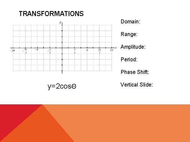 TRANSFORMATIONS Domain: Range: Amplitude: Period: Phase Shift: y=2 cosΘ Vertical Slide: 