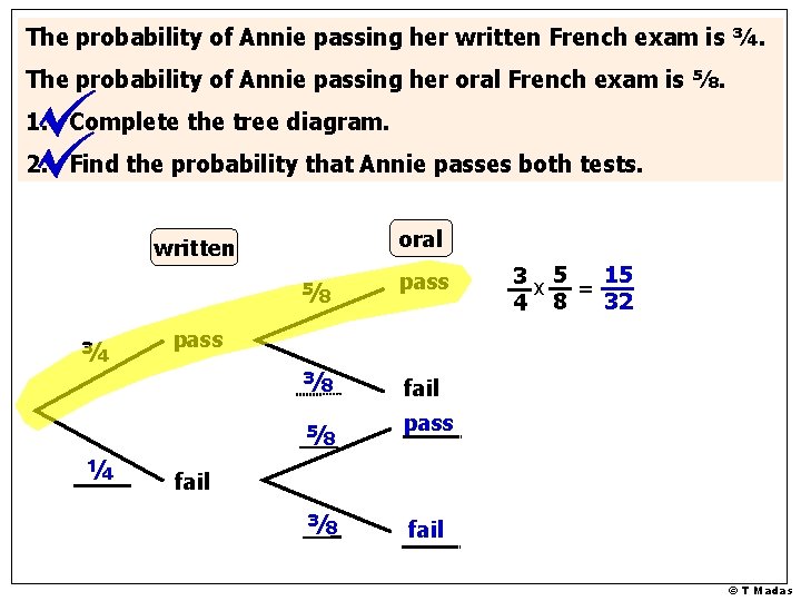 The probability of Annie passing her written French exam is ¾. The probability of