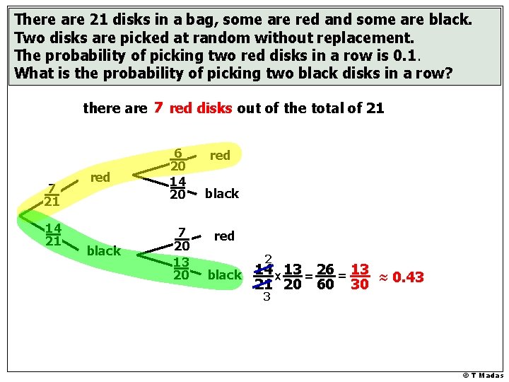 There are 21 disks in a bag, some are red and some are black.