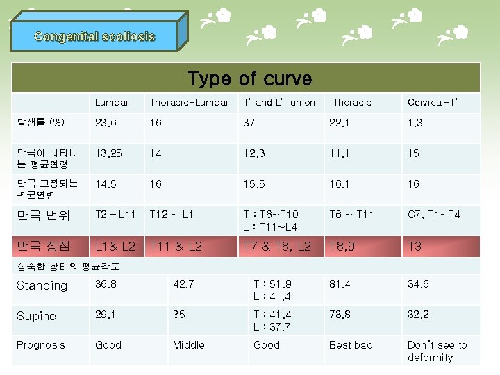 Congenital scoliosis Type of curve Lumbar Thoracic-Lumbar T’ and L’ union Thoracic Cervical-T’ 발생률