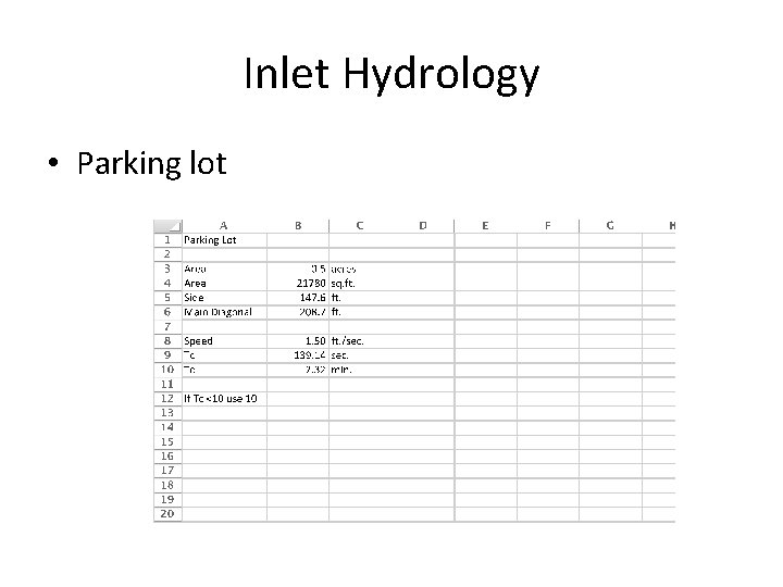 Inlet Hydrology • Parking lot 