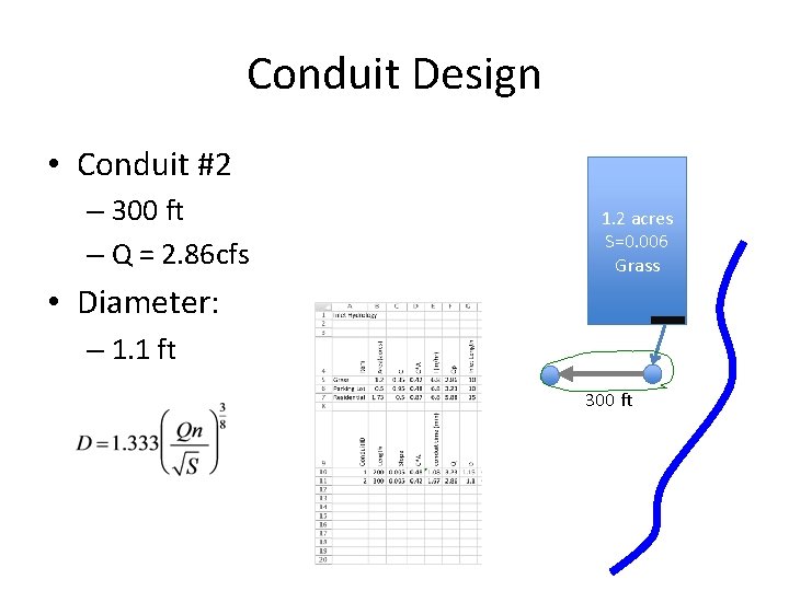 Conduit Design • Conduit #2 – 300 ft – Q = 2. 86 cfs