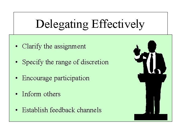 Delegating Effectively • Clarify the assignment • Specify the range of discretion • Encourage