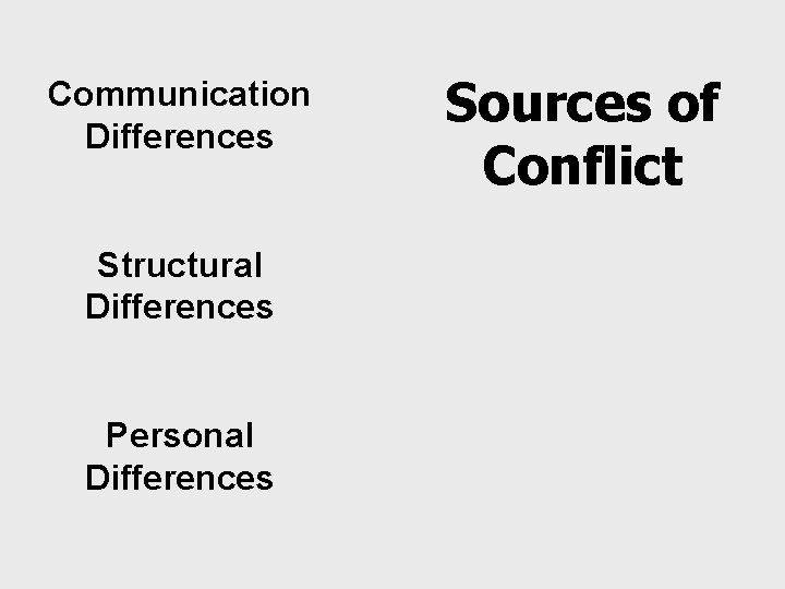 Communication Differences Structural Differences Personal Differences Sources of Conflict 