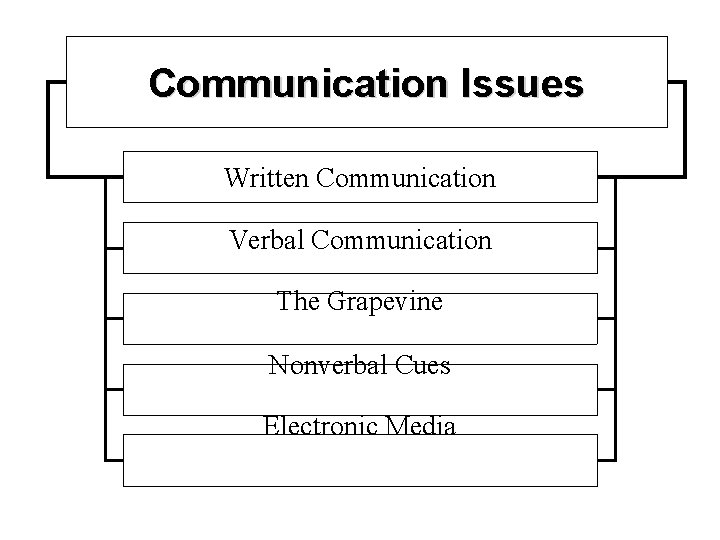 Communication Issues Written Communication Verbal Communication The Grapevine Nonverbal Cues Electronic Media 