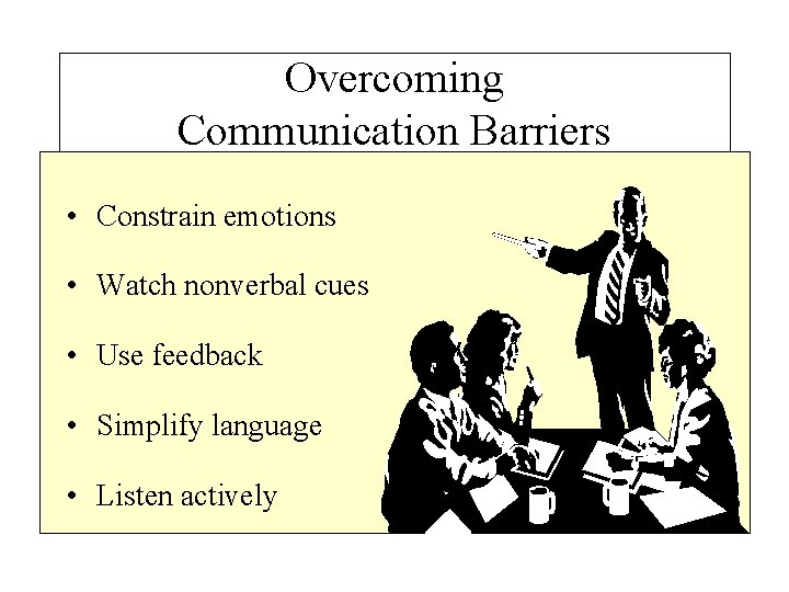 Overcoming Communication Barriers • Constrain emotions • Watch nonverbal cues • Use feedback •