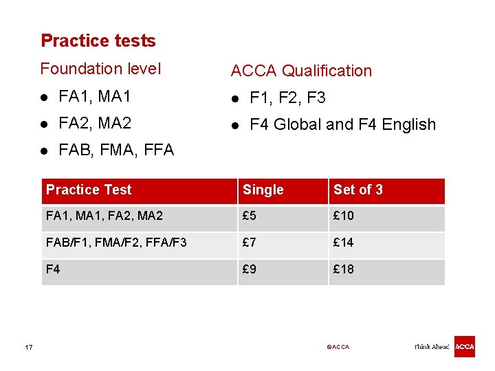 Practice tests Foundation level 17 ACCA Qualification l FA 1, MA 1 l F