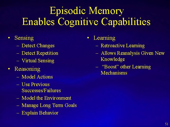 Episodic Memory Enables Cognitive Capabilities • Sensing – Detect Changes – Detect Repetition –