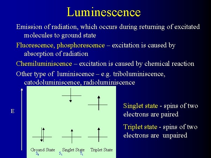 Luminescence Emission of radiation, which occurs during returning of excitated molecules to ground state