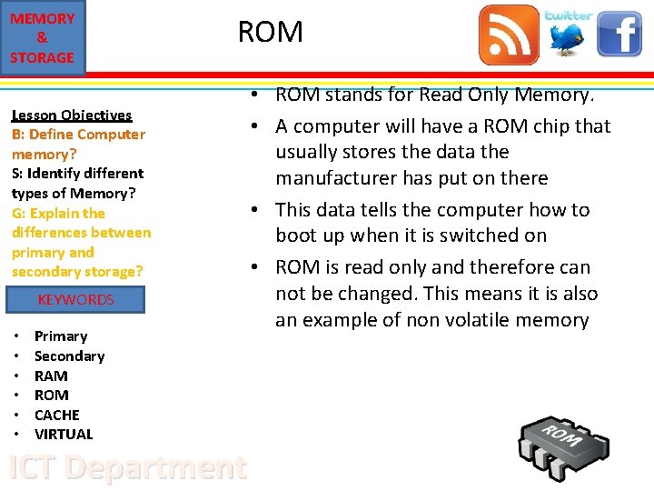 MEMORY & STORAGE ROM Lesson Objectives B: Define Computer memory? S: Identify different types