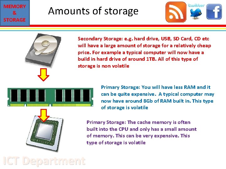 MEMORY & STORAGE Amounts of storage Secondary Storage: e. g. hard drive, USB, SD