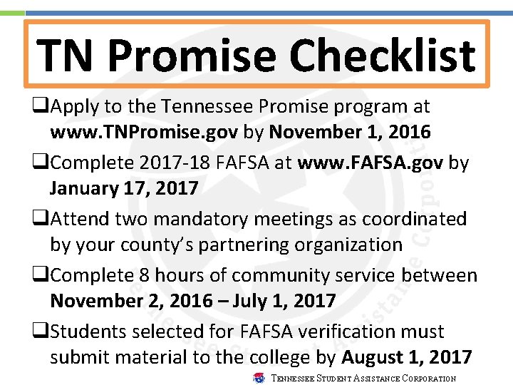 TN Promise Checklist q. Apply to the Tennessee Promise program at www. TNPromise. gov