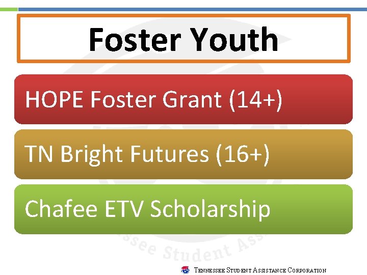 Foster Youth HOPE Foster Grant (14+) TN Bright Futures (16+) Chafee ETV Scholarship TENNESSEE