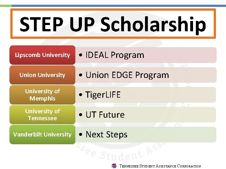 STEP UP Scholarship Lipscomb University Union University • IDEAL Program • Union EDGE Program