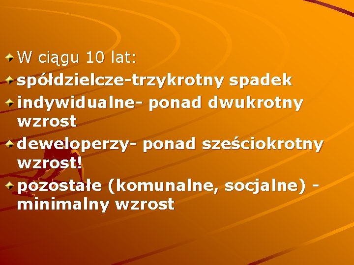 W ciągu 10 lat: spółdzielcze-trzykrotny spadek indywidualne- ponad dwukrotny wzrost deweloperzy- ponad sześciokrotny wzrost!