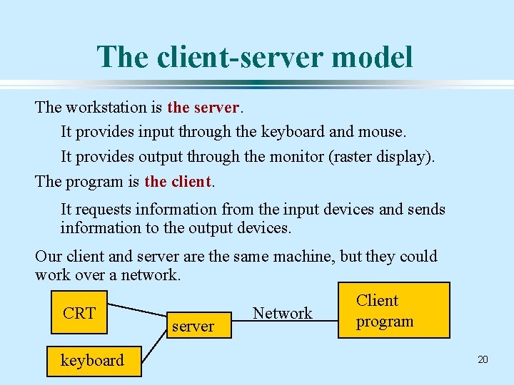 The client-server model The workstation is the server. It provides input through the keyboard