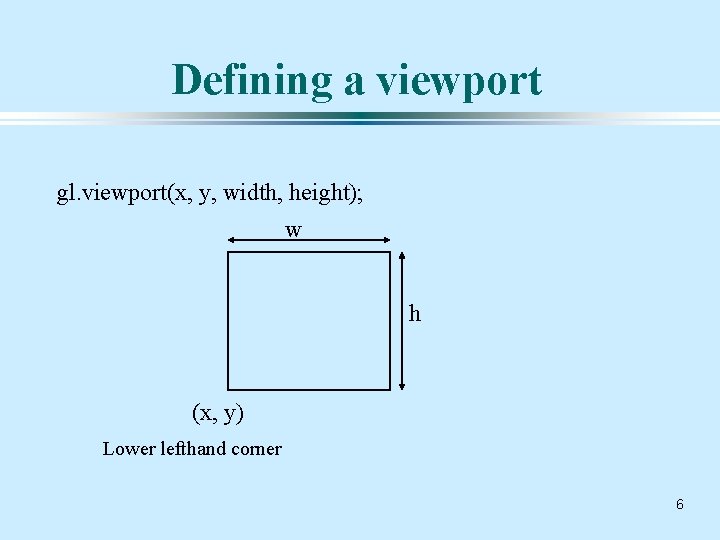 Defining a viewport gl. viewport(x, y, width, height); w h (x, y) Lower lefthand