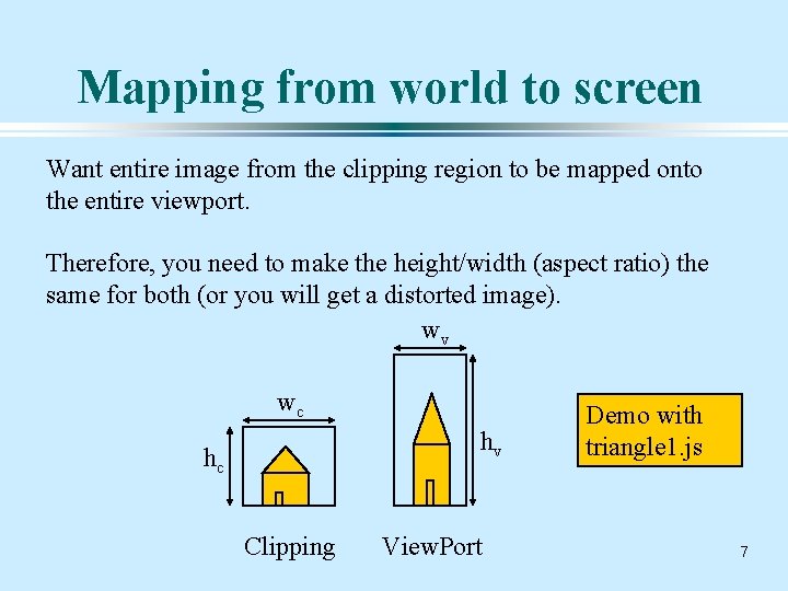 Mapping from world to screen Want entire image from the clipping region to be