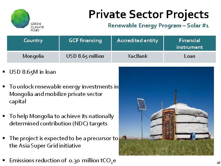 Private Sector Projects Renewable Energy Program – Solar #1 Country GCF financing Accredited entity